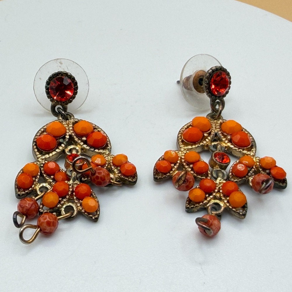 Orange Red Rhinestone Chandelier Earrings Beaded Dangle Vintage Boho Statement